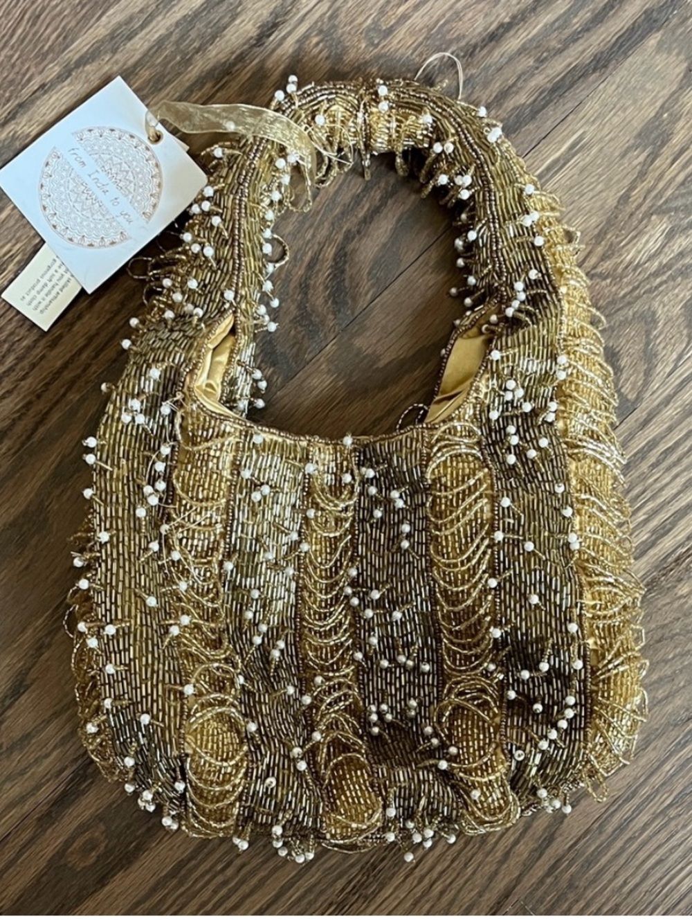Gold Beaded Evening Bag with Pearl Accents